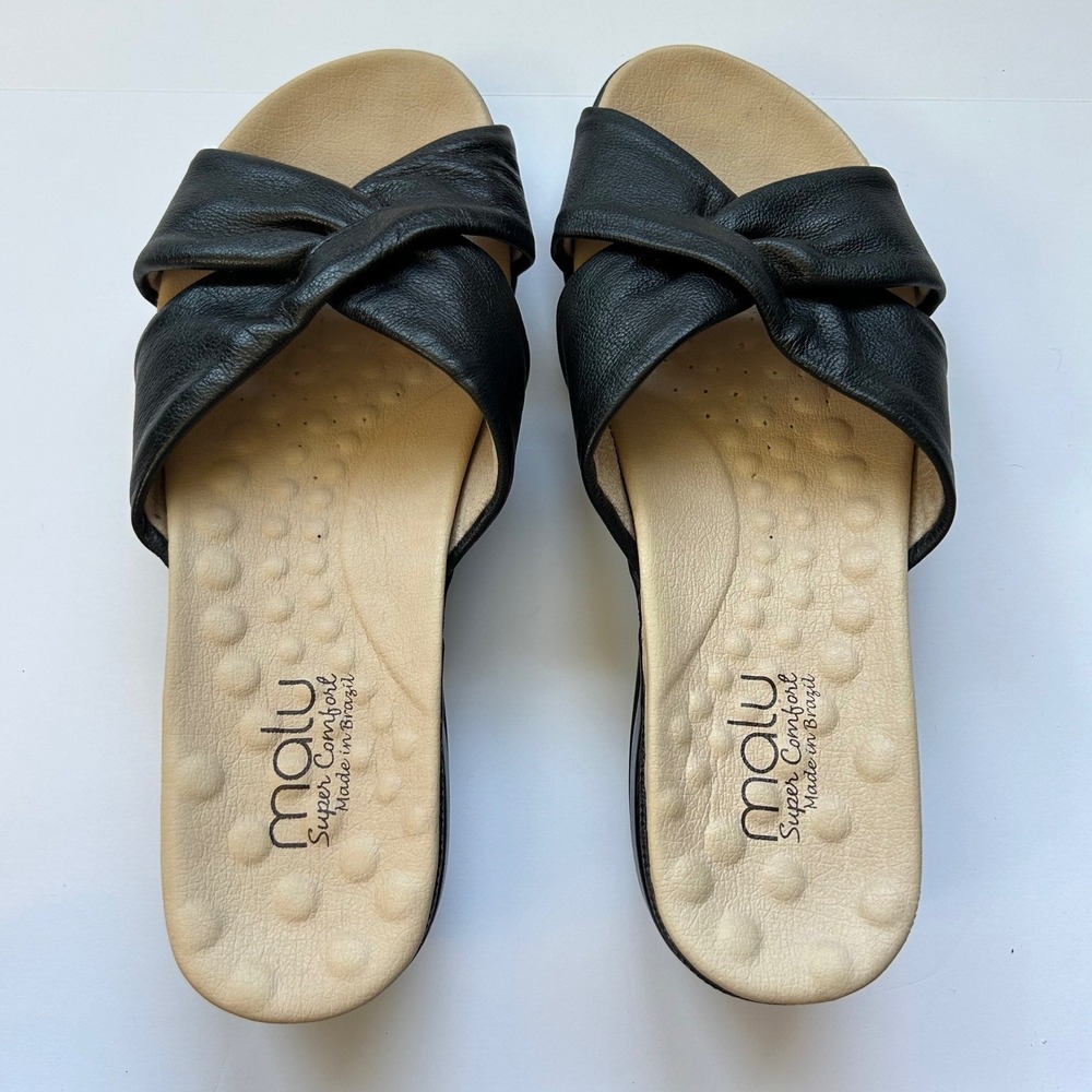 Malu Super Comfort Black Leather Knot Wedge Slide Sandals Made in Brazil Size 10